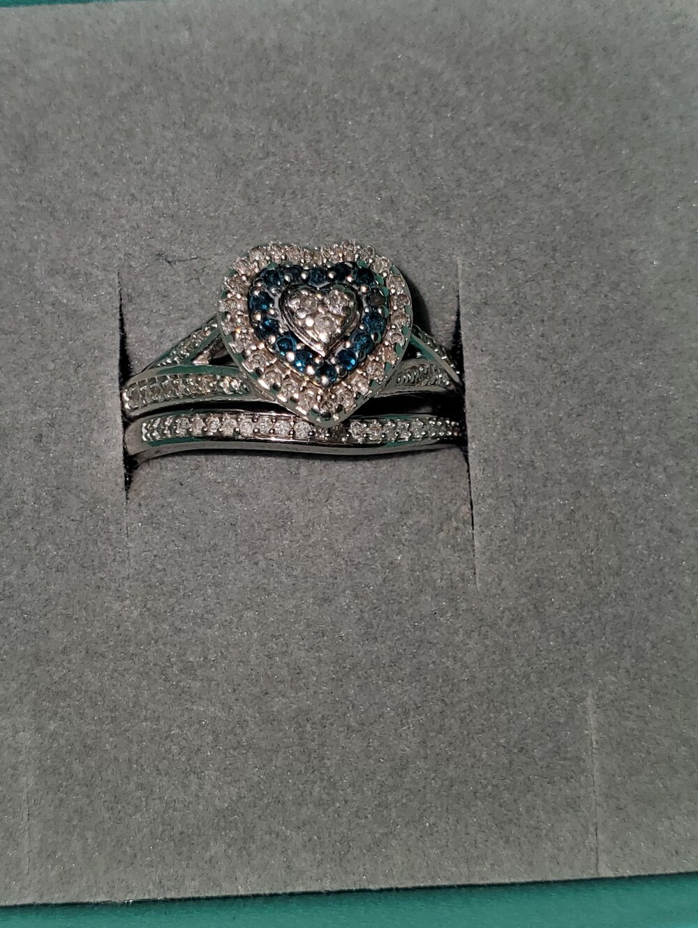 Heart Halo Blue & White Cubic Zirconia Silver Bridal Ring Set Size 8